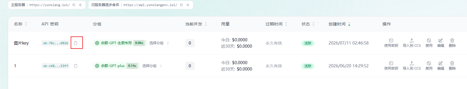 复制创建好的 API 密钥